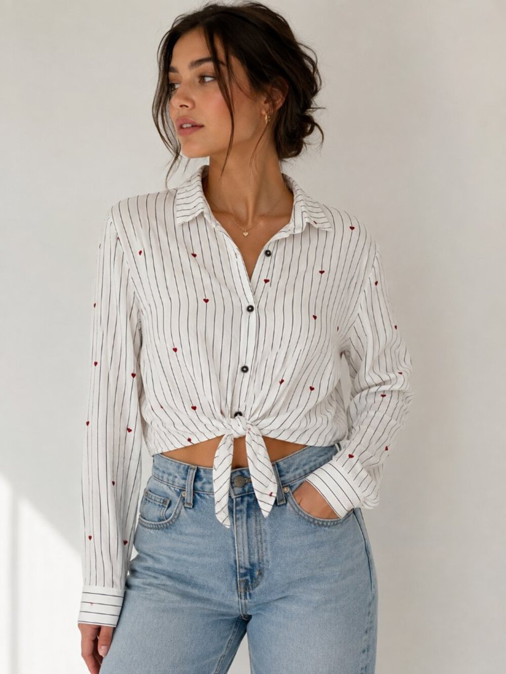 Romantic Coquette Heart Print Blouse Pinstripe Tie Front Crop Top Y2K Feminine